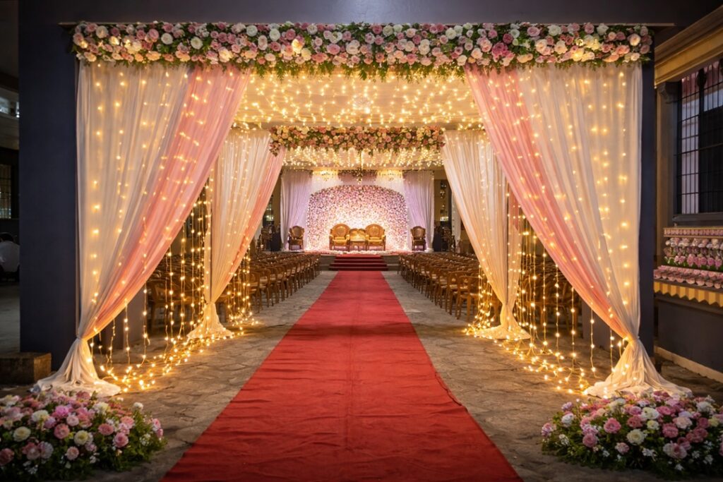 Wedding entrance canopy with LED lights and red carpet leading to pastel floral stage decoration in Auroville Pondicherry